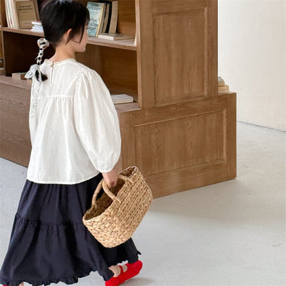 長袖シャツ・ブラウス キッズトップス レースフリルフラワープリント/無地長袖パフスリーブブラウス【mh-0008974】