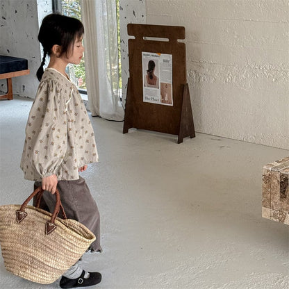 長袖シャツ・ブラウス キッズトップス レースフリルフラワープリント/無地長袖パフスリーブブラウス【mh-0008974】