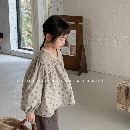 長袖シャツ・ブラウス キッズトップス レースフリルフラワープリント/無地長袖パフスリーブブラウス【mh-0008974】