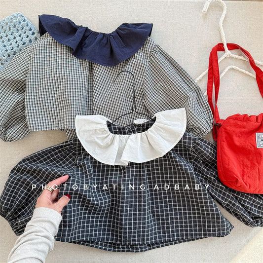 長袖シャツ・ブラウス キッズトップス ラッフル襟チェック長袖ブラウス【mh-0008975】