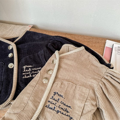 ショートコート・ジャケット・ジャンパー キッズ レターロゴ 刺繍 コーデュロイ 長袖 パフスリーブ ジャケット コート アウター ガールズ【mh0002607】