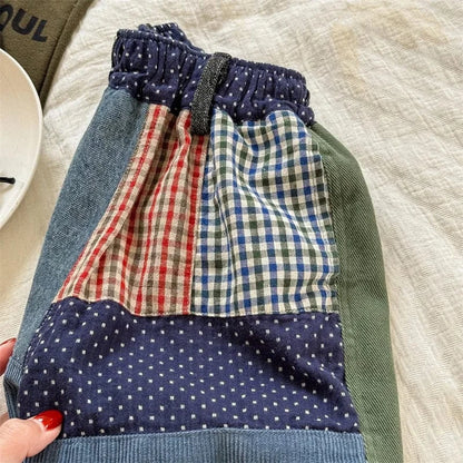 デニムパンツ キッズパンツ 水玉ドットレトロパッチワークルーズワイドデニムパンツ ジーンズジーパン【mh0006749】