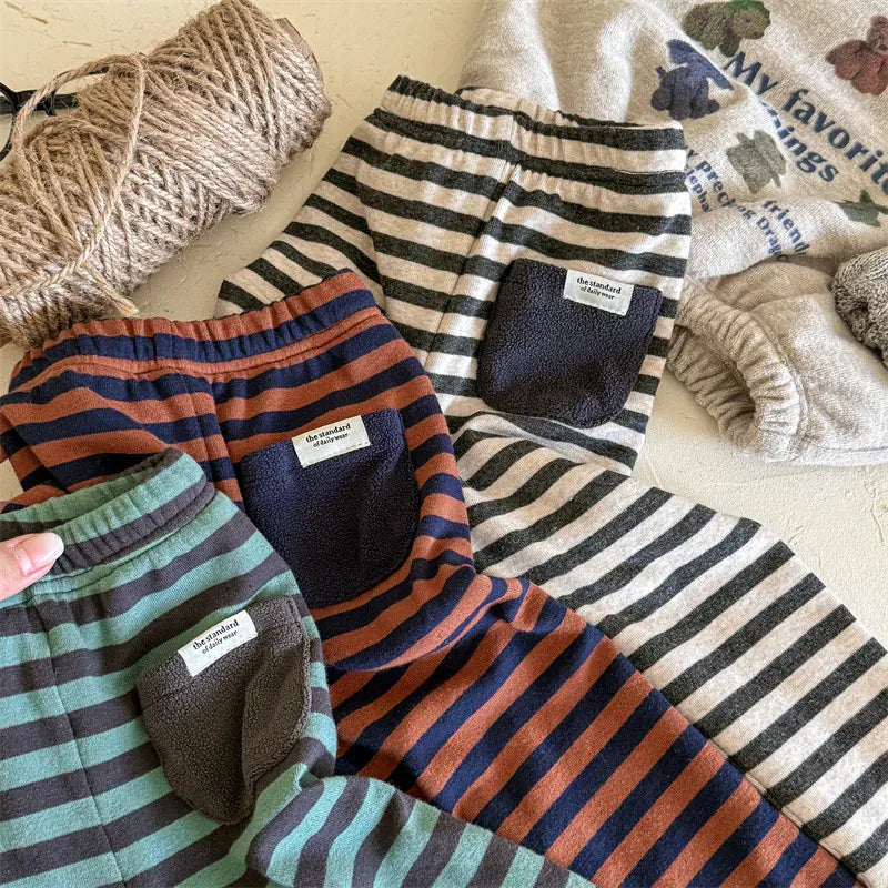 レギンスパンツ キッズパンツ ボーダー裏フリース厚手レギンスパンツ【mh0007619】