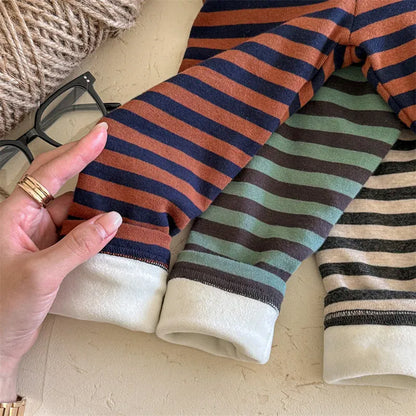 レギンスパンツ キッズパンツ ボーダー裏フリース厚手レギンスパンツ【mh0007619】