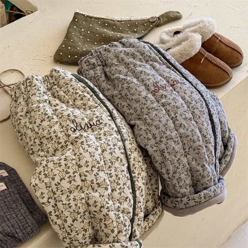 ロングパンツ・スウェットパンツ キッズパンツ フラワー花柄プリント裏フリースコーデュロイ厚手ロングパンツ 暖パン【mh0007620】