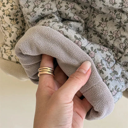 ロングパンツ・スウェットパンツ キッズパンツ フラワー花柄プリント裏フリースコーデュロイ厚手ロングパンツ 暖パン【mh0007620】