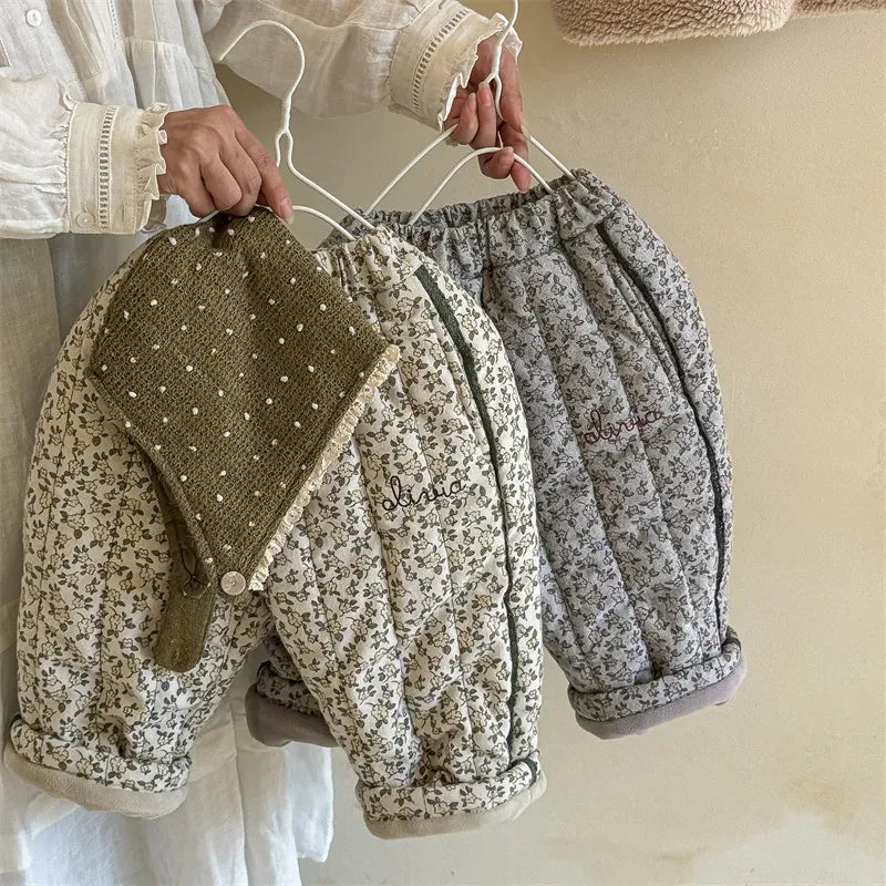 ロングパンツ・スウェットパンツ キッズパンツ フラワー花柄プリント裏フリースコーデュロイ厚手ロングパンツ 暖パン【mh0007620】