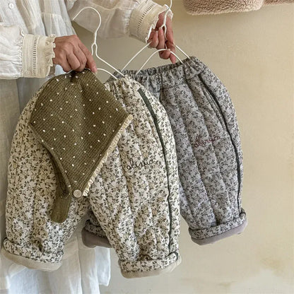 ロングパンツ・スウェットパンツ キッズパンツ フラワー花柄プリント裏フリースコーデュロイ厚手ロングパンツ 暖パン【mh0007620】