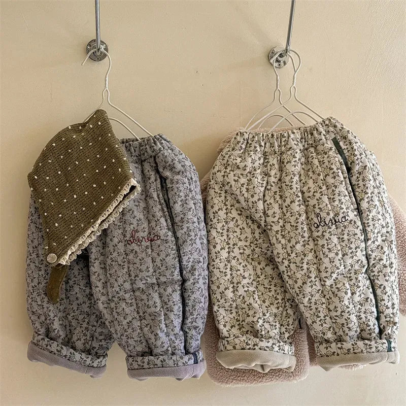 ロングパンツ・スウェットパンツ キッズパンツ フラワー花柄プリント裏フリースコーデュロイ厚手ロングパンツ 暖パン【mh0007620】