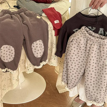 ロングパンツ・スウェットパンツ キッズパンツ 裾レースフラワープリント裏ボアフリース厚手スウェットパンツ【mh0007621】