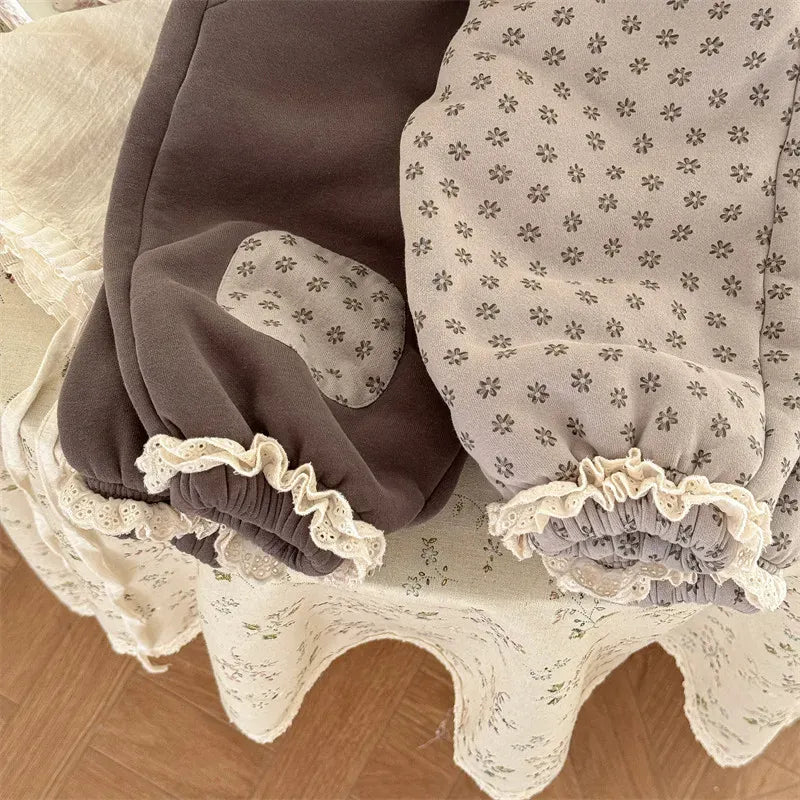 ロングパンツ・スウェットパンツ キッズパンツ 裾レースフラワープリント裏ボアフリース厚手スウェットパンツ【mh0007621】