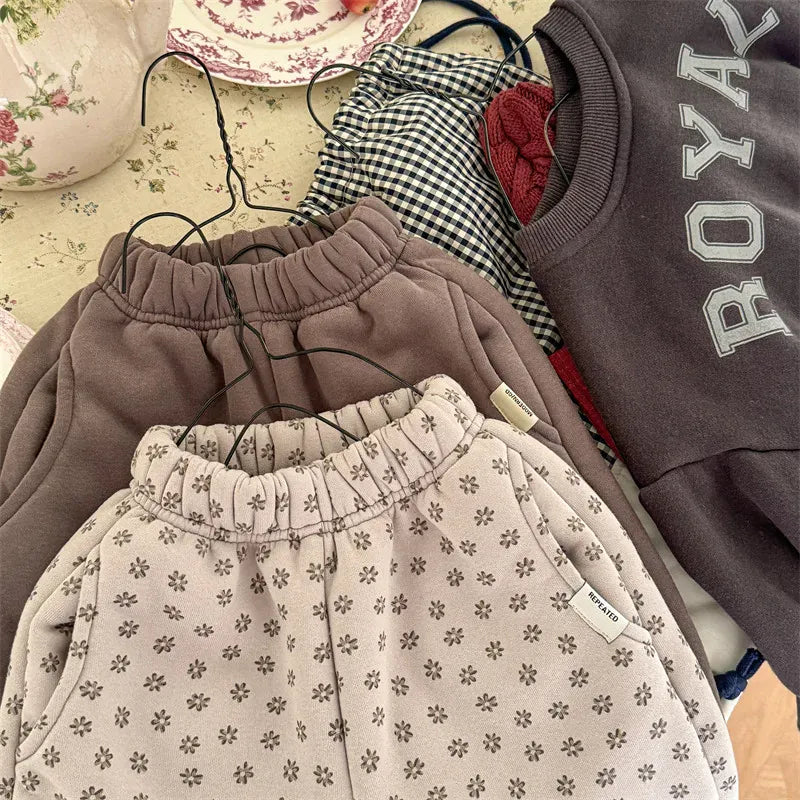 ロングパンツ・スウェットパンツ キッズパンツ 裾レースフラワープリント裏ボアフリース厚手スウェットパンツ【mh0007621】