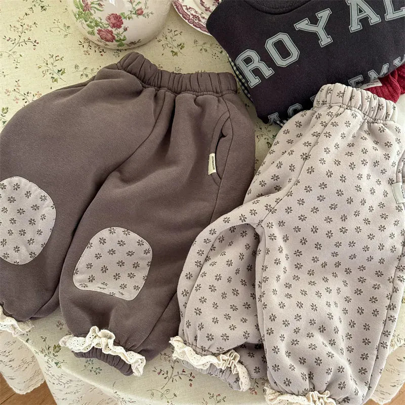 ロングパンツ・スウェットパンツ キッズパンツ 裾レースフラワープリント裏ボアフリース厚手スウェットパンツ【mh0007621】