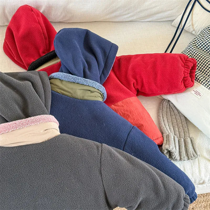 ショートコート・ジャケット・ジャンパー キッズアウター パッチワークボアフリースフーディジップアップブルゾンジャケット【mh0007664】