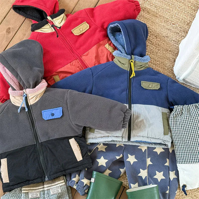 ショートコート・ジャケット・ジャンパー キッズアウター パッチワークボアフリースフーディジップアップブルゾンジャケット【mh0007664】