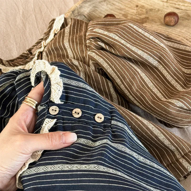 長袖シャツ・ブラウス キッズトップス 裏フリースストライプ長袖バブルスリーブチュニックブラウス【mh0007676】