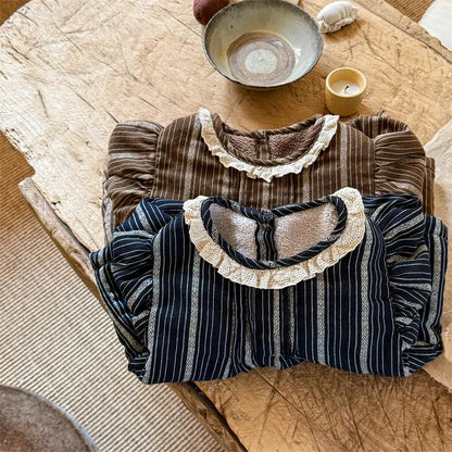 長袖シャツ・ブラウス キッズトップス 裏フリースストライプ長袖バブルスリーブチュニックブラウス【mh0007676】