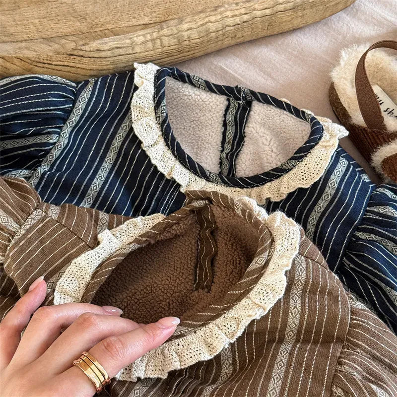 長袖シャツ・ブラウス キッズトップス 裏フリースストライプ長袖バブルスリーブチュニックブラウス【mh0007676】