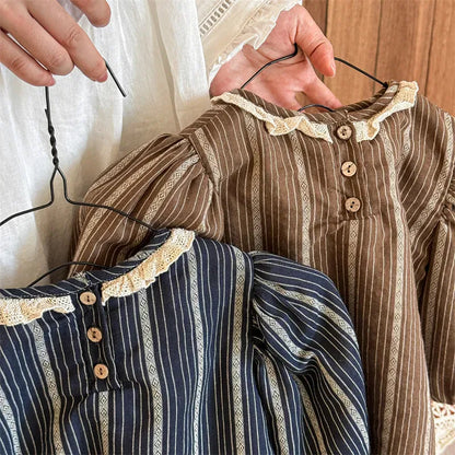 長袖シャツ・ブラウス キッズトップス 裏フリースストライプ長袖バブルスリーブチュニックブラウス【mh0007676】