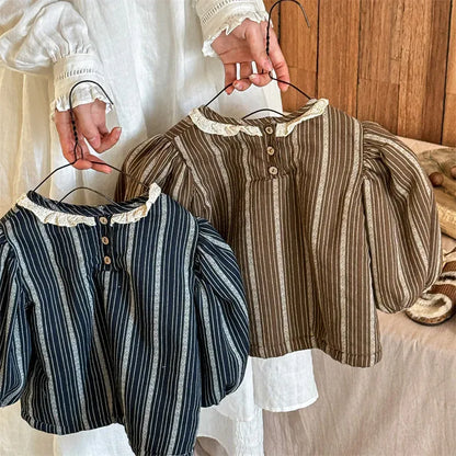 長袖シャツ・ブラウス キッズトップス 裏フリースストライプ長袖バブルスリーブチュニックブラウス【mh0007676】