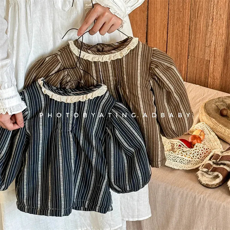 長袖シャツ・ブラウス キッズトップス 裏フリースストライプ長袖バブルスリーブチュニックブラウス【mh0007676】