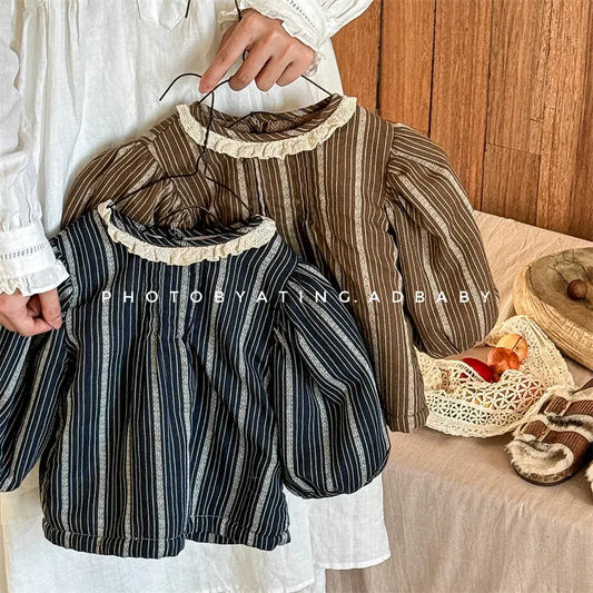 長袖シャツ・ブラウス キッズトップス 裏フリースストライプ長袖バブルスリーブチュニックブラウス【mh0007676】