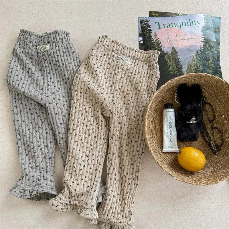 レギンスパンツ キッズパンツ フラワー小花柄プリント裏フリースレギンスパンツ【mh0007892】