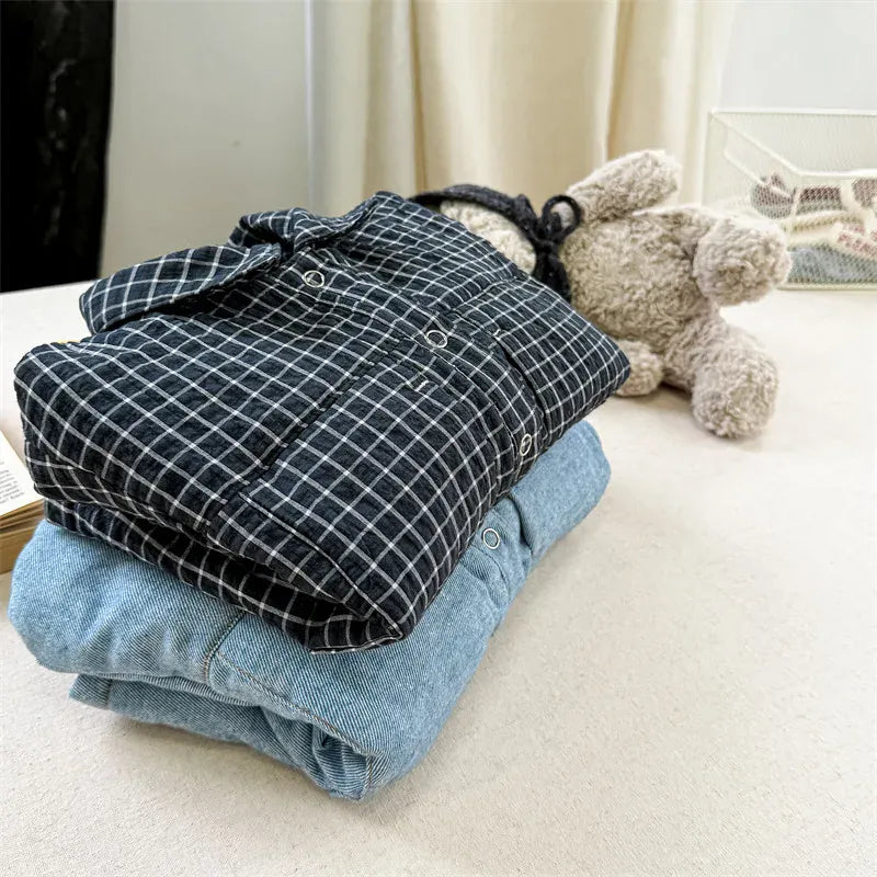 ショートコート・ジャケット・ジャンパー キッズアウター デニム/チェックレターロゴプリントパデッド襟付きジャケットコート【mh0007927】