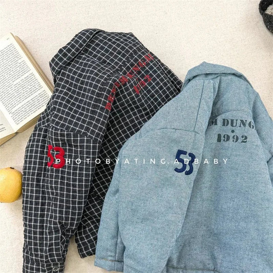 ショートコート・ジャケット・ジャンパー キッズアウター デニム/チェックレターロゴプリントパデッド襟付きジャケットコート【mh0007927】