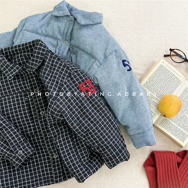 ショートコート・ジャケット・ジャンパー キッズアウター デニム/チェックレターロゴプリントパデッド襟付きジャケットコート【mh0007927】