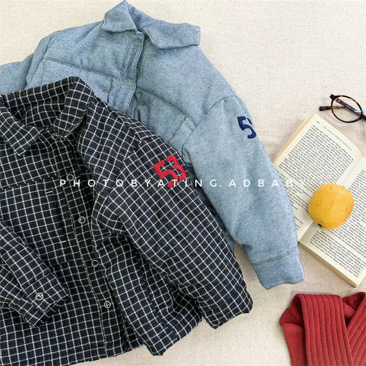 ショートコート・ジャケット・ジャンパー キッズアウター デニム/チェックレターロゴプリントパデッド襟付きジャケットコート【mh0007927】