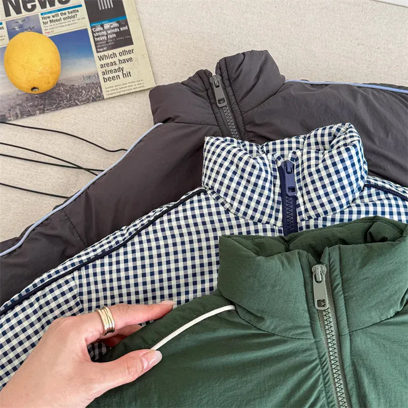 ショートコート・ジャケット・ジャンパー キッズアウター チェック/無地裏着ワンポイントライン入りパデッドブルゾンジャケット【mh0007930】