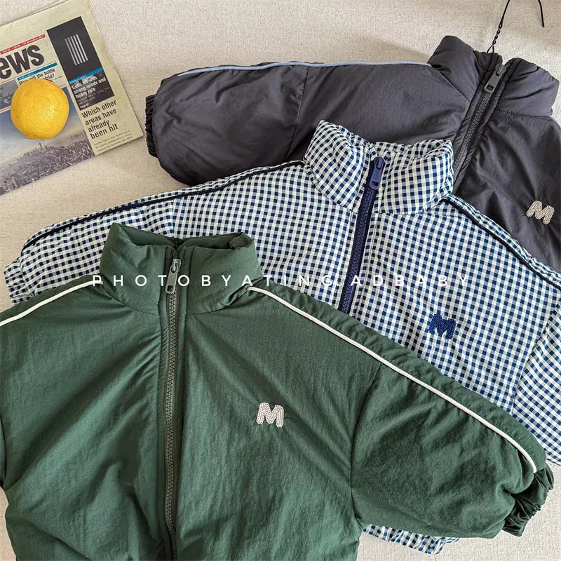 ショートコート・ジャケット・ジャンパー キッズアウター チェック/無地裏着ワンポイントライン入りパデッドブルゾンジャケット【mh0007930】