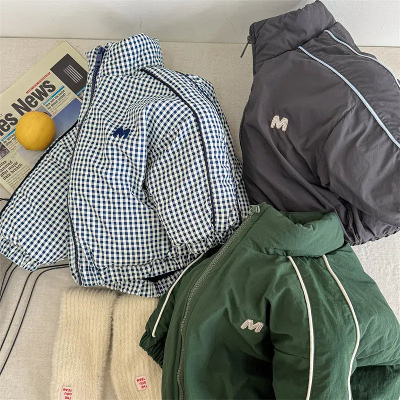 ショートコート・ジャケット・ジャンパー キッズアウター チェック/無地裏着ワンポイントライン入りパデッドブルゾンジャケット【mh0007930】