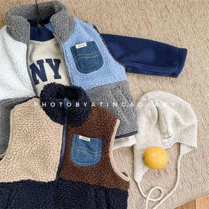 ベスト キッズベスト ボアフリースパッチワークジップアップアウターベスト【mh0007931】