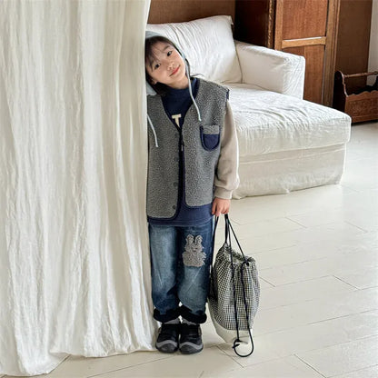 デニムパンツ キッズパンツ うさぎ/くまアップリケ裏フリースデニムパンツジーンズ【mh0007933】