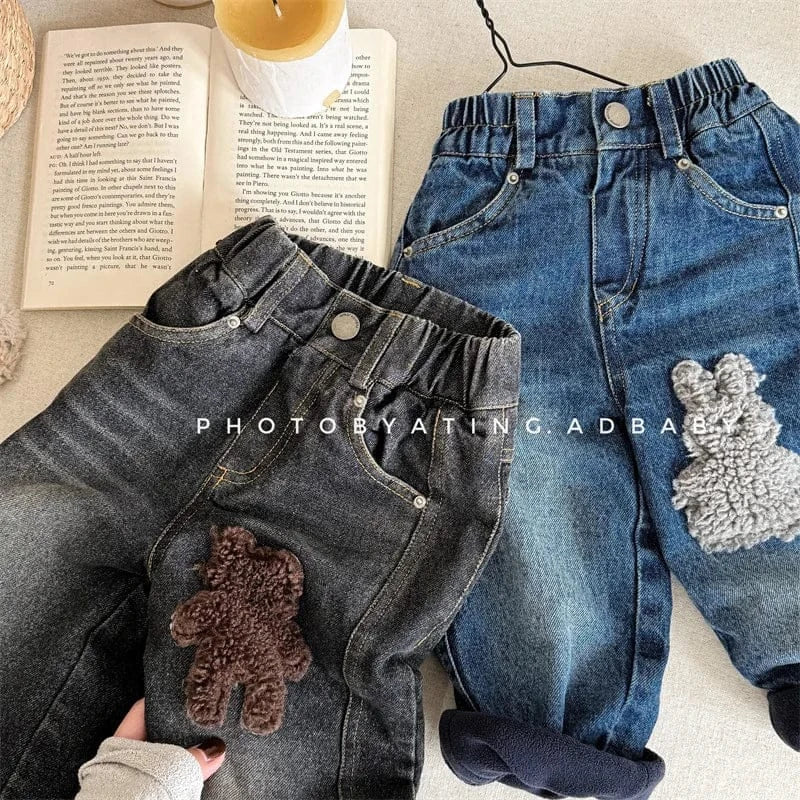 デニムパンツ キッズパンツ うさぎ/くまアップリケ裏フリースデニムパンツジーンズ【mh0007933】