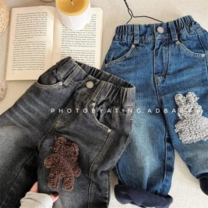 デニムパンツ キッズパンツ うさぎ/くまアップリケ裏フリースデニムパンツジーンズ【mh0007933】