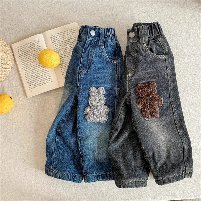 デニムパンツ キッズパンツ うさぎ/くまアップリケ裏フリースデニムパンツジーンズ【mh0007933】