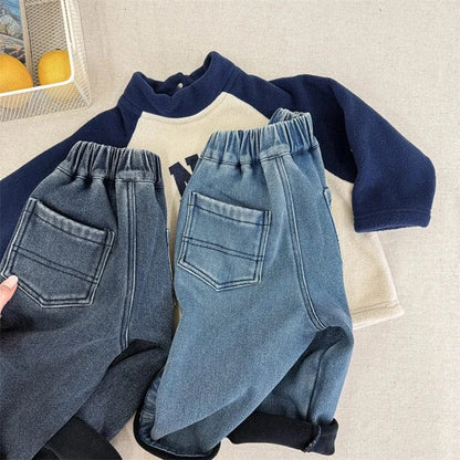 デニムパンツ キッズパンツ 象エレファント刺繍裏フリースデニムパンツジーンズ【mh0007959】