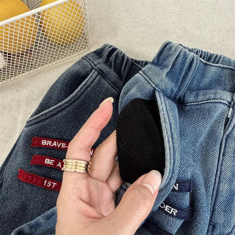 デニムパンツ キッズパンツ 象エレファント刺繍裏フリースデニムパンツジーンズ【mh0007959】