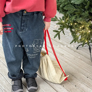 デニムパンツ キッズパンツ 象エレファント刺繍裏フリースデニムパンツジーンズ【mh0007959】