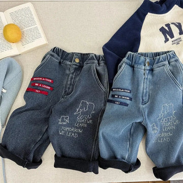 デニムパンツ キッズパンツ 象エレファント刺繍裏フリースデニムパンツジーンズ【mh0007959】