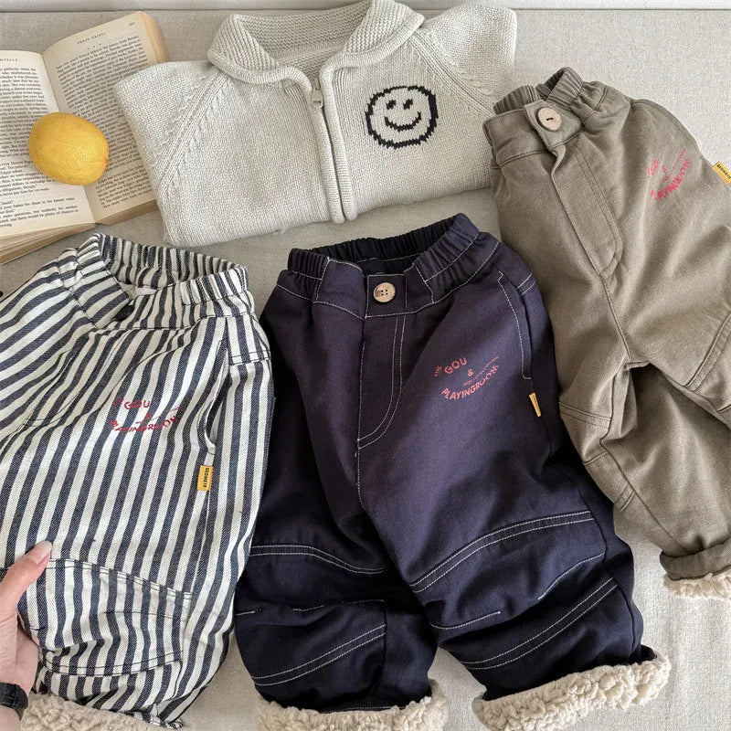 ロングパンツ・スウェットパンツ キッズパンツ ストライプ/無地ロゴプリント裏ボアフリースライダーパンツ【mh0007961】