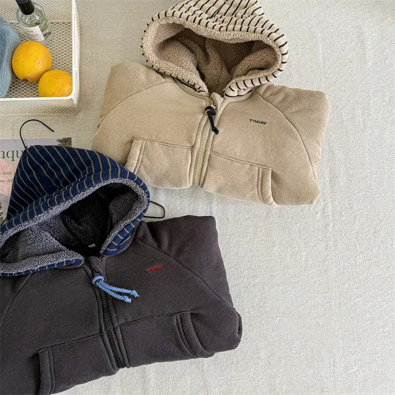 ショートコート・ジャケット・ジャンパー キッズアウター ボーダーフーディパデッドブルゾンジャケット【mh0007962】