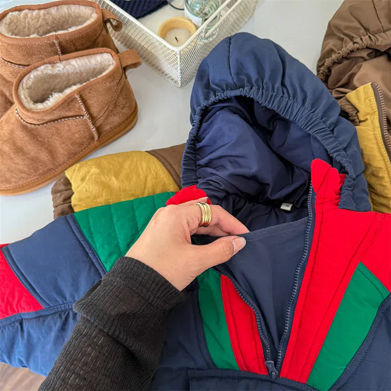 ショートコート・ジャケット・ジャンパー キッズアウター パッチワークフーディハーフジップパデッドパーカージャケット【mh0008071】