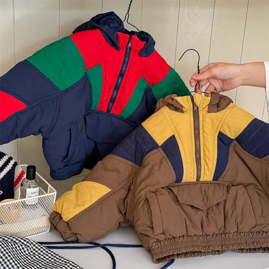 ショートコート・ジャケット・ジャンパー キッズアウター パッチワークフーディハーフジップパデッドパーカージャケット【mh0008071】