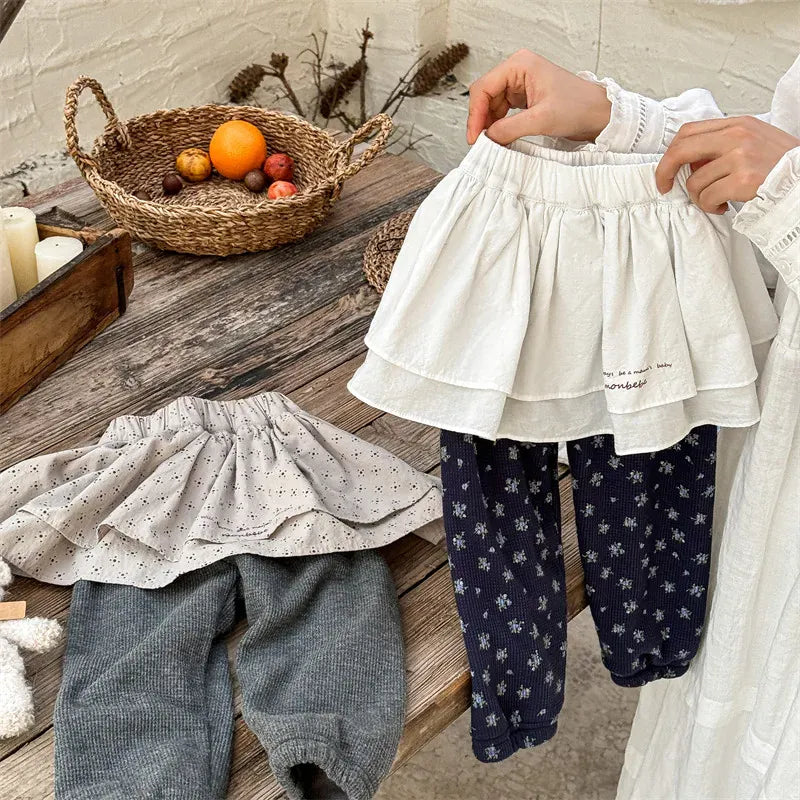 レギンスパンツ キッズパンツ ダブルフリルケーキスカートドッキング裏フリースレギンスパンツスカッツ【mh0008075】