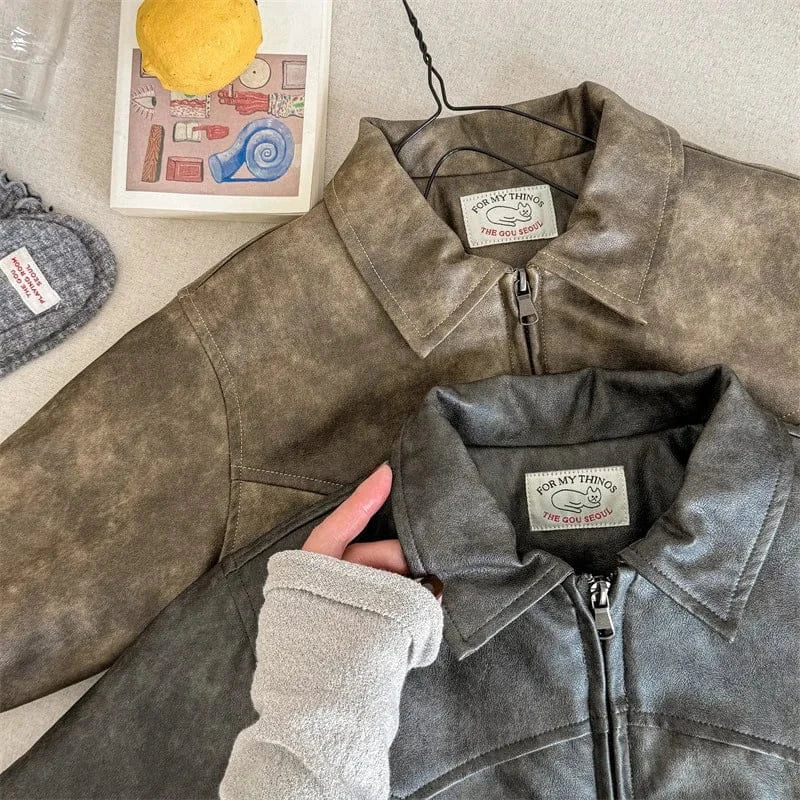 ショートコート・ジャケット・ジャンパー キッズアウター フェイクレザー襟付きジップアップブルゾンジャケット【mh0008193】