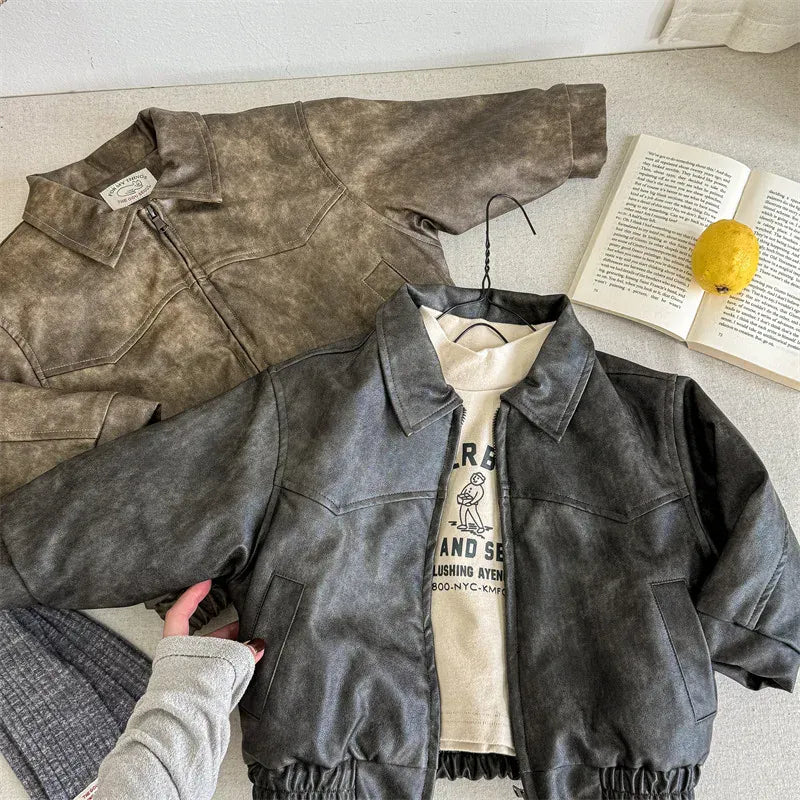 ショートコート・ジャケット・ジャンパー キッズアウター フェイクレザー襟付きジップアップブルゾンジャケット【mh0008193】